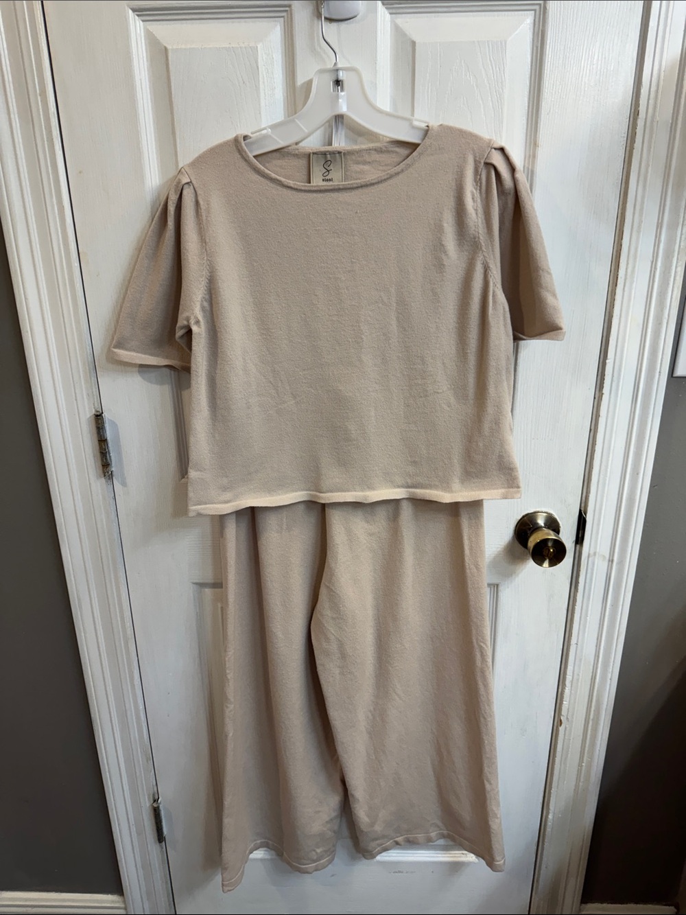 Sioni Beige Two-Piece women’s lounge Set - Short Sleeve Top & Wide Leg Pants